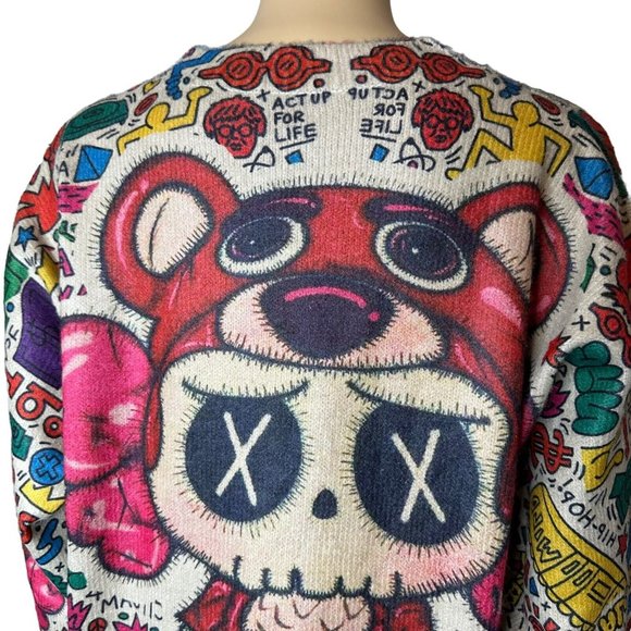 Womens Pullover Sweater Small Beige Red Stretch Crew Neck Print Bear Dolls Relax - Picture 12 of 16